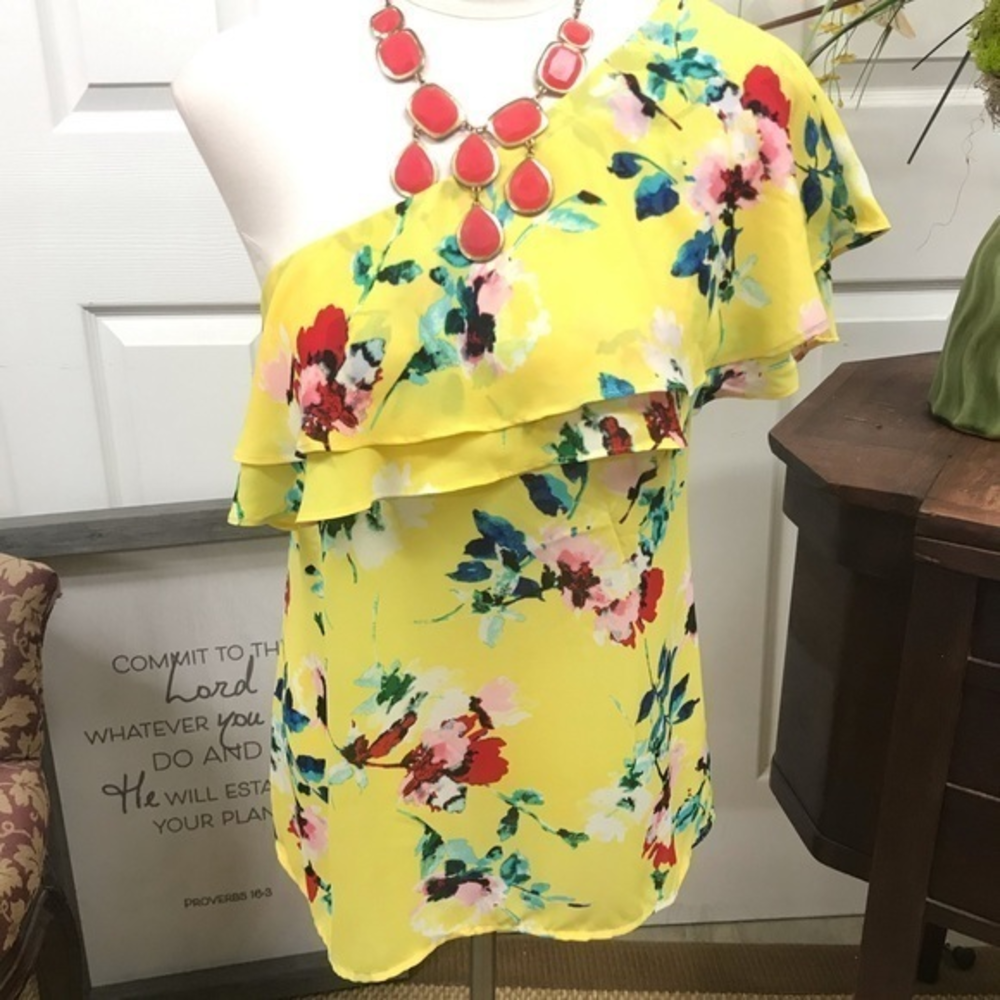 Rose +‎ Olive One Shoulder Floral Blouse XS